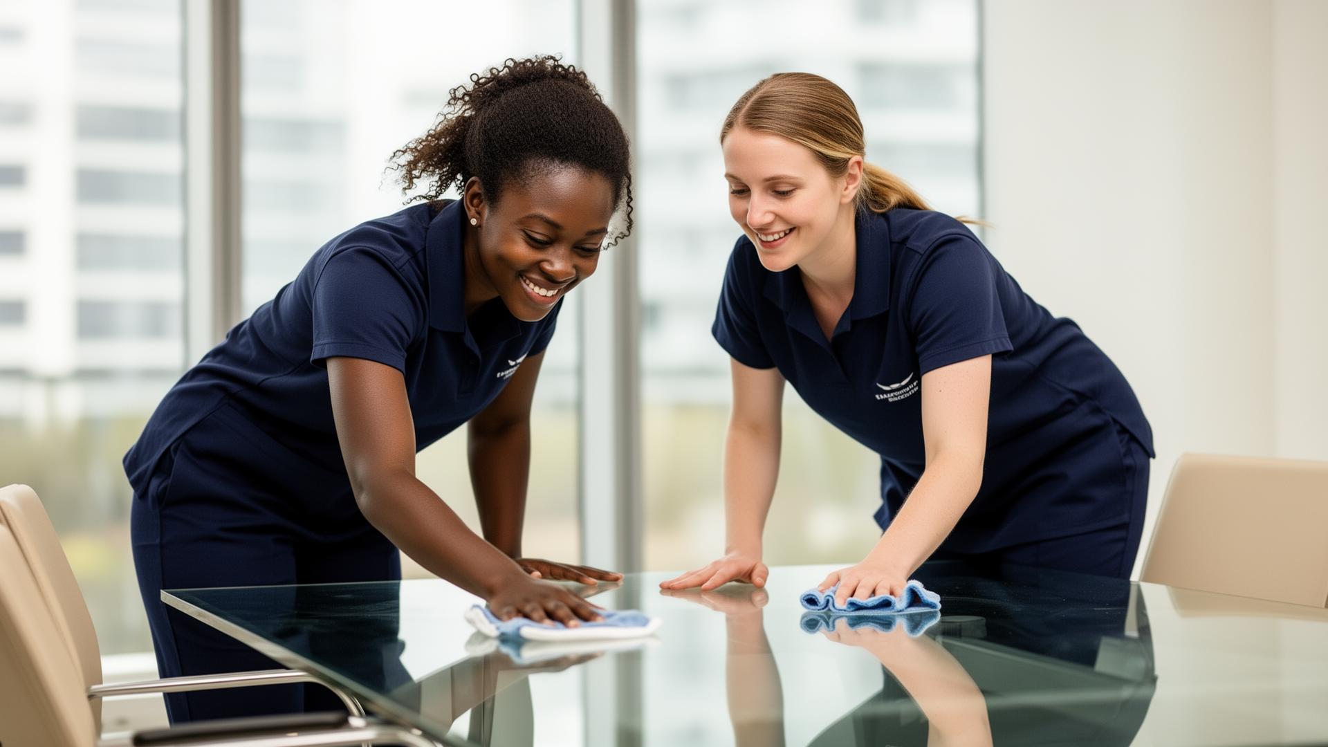 Ember Services cleaners preparing fresh linens and supplies in a warm, sunlit reception