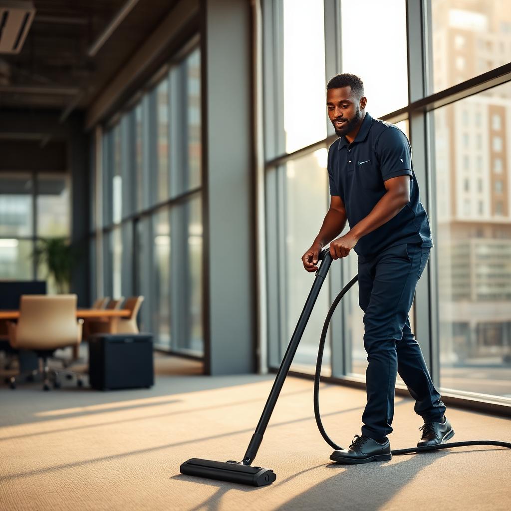 An Ember Services cleaner methodically vacuuming the carpet of a spacious open plan office