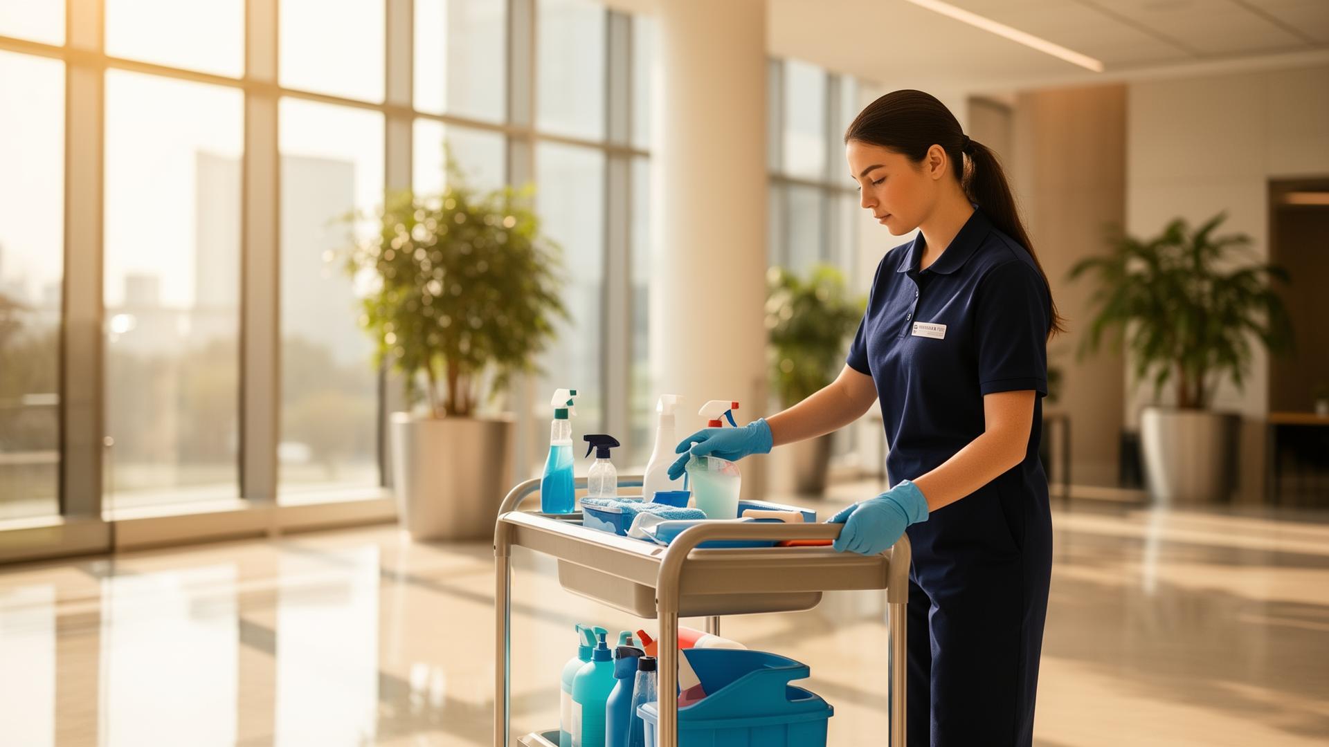 Ember Services cleaner preparing a trolley in a sunlit office lobby